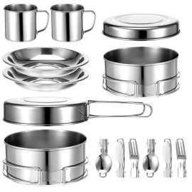 JJUNW 14Pcs Stainless Steel Camping Cookware Set, Lightweight Compact Camping...