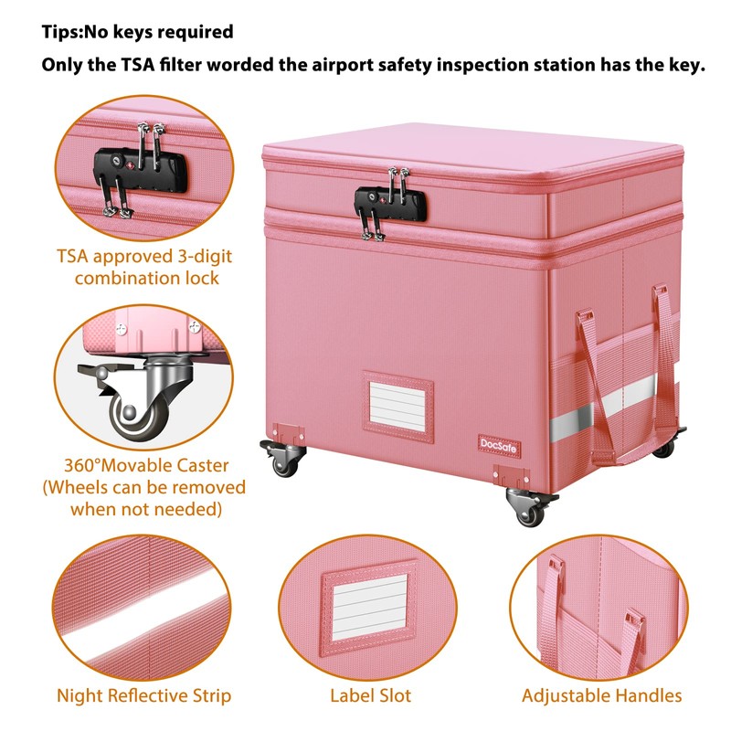 DocSafe File Box with Lock,2-Layer Fireproof Document Box with Wheels,Collapsible