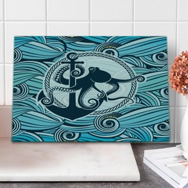Ambesonne Octopus Cutting Board, Octopus Against the Background Sea Waves Nautical Design, Decorative Tempered Glass Cutting and Serving Board, Large Size, Multicolor