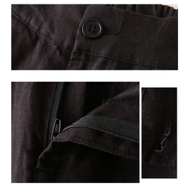 IXIMO Women's Tapered Pants 100% Linen Front Pleated with Button Closure Elastic Waist Trousers Black S