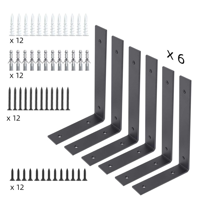 6-Pack Heavy Duty 6-Inch Black Shelf Brackets, L Shelf Bracket