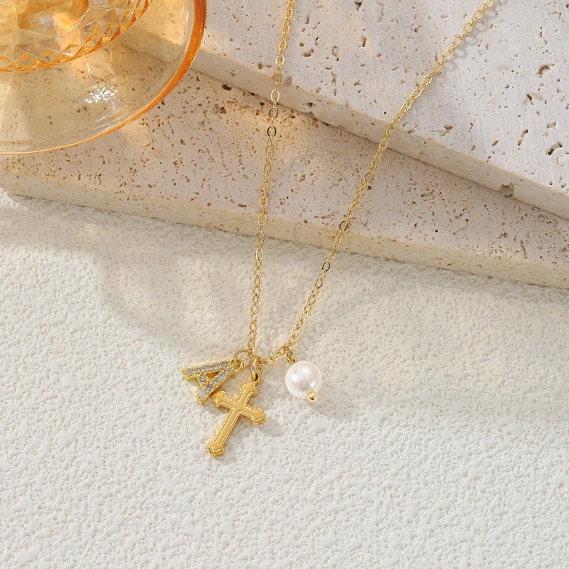 Initial Pearl Cross Necklace for Women Teen,First Communion Baptism Confirmation