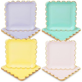 Sparkle and Bash 48 Pack Pastel Paper Plates with Scalloped Gold Foil - 9 inch Square Party Plate - Cute Dinnerware for Special Celebrations and Themed Parties