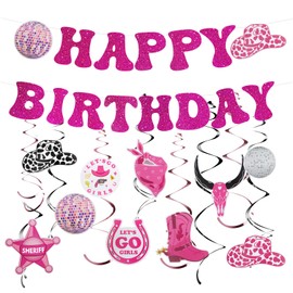 Western Cowgirl Party Hanging Decorations, Disco Birthday Party Decor Supplies - Hot Pink Happy Birthday Banner, Hanging Swirls for Bachelorette