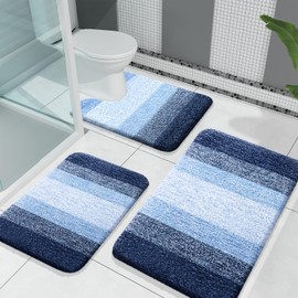 OLANLY Bathroom Rugs Sets 3 Piece, Soft Absorbent Microfiber Bath Rugs and U-Shaped Contour Toilet Rug Area Rug Set, Non-Slip Bath Carpet, Home Decor Accessories, Bath Mat Set for Bathroom, Navy