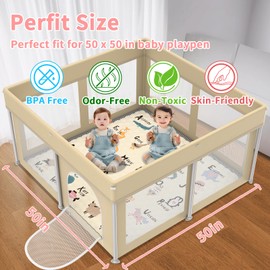 Baby Play Mat for Floor, 50x50 Playpen Mat, Soft Portable, Non-Slip Crawling Mat Machine Washable Foldable Playmate for Babies,Toddlers, Infants Indoor/Outdoor Use, Alphabet & Animal Design