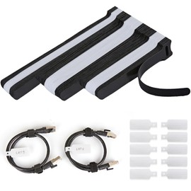 70 PCS Reusable Cable Ties with Hook and Loop, Multi-purpose Adjustable Cable Management Wire Ties & 10 PCS Cable Labels, Cord Organizer for Home, Office and Data Centers (4/6/8 Inch, Black+White)