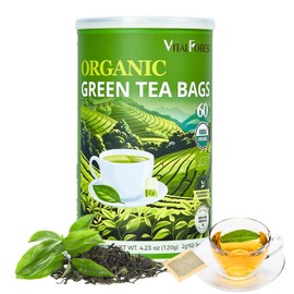 VitalForest USDA Organic Green Tea Bags| 60 Count Unbleached ECO-Conscious Chinese Green Tea Packets| Te Verde Organico Natural| Premium Real China Herbal Green Tea Loose Leaf| Container Pack for Freshness
