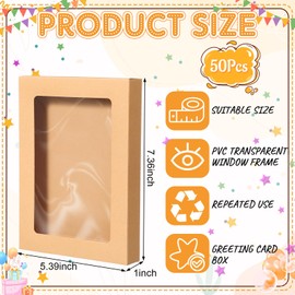 Chivertion 50 Pcs Greeting Card Storage Box Kraft Paper Box with PVC Transparent Window Greeting Card Envelope Applicable Bulk Frame Photo Storage Case Biscuit Applicable(5.39 x 7.36 x 1 Inch)