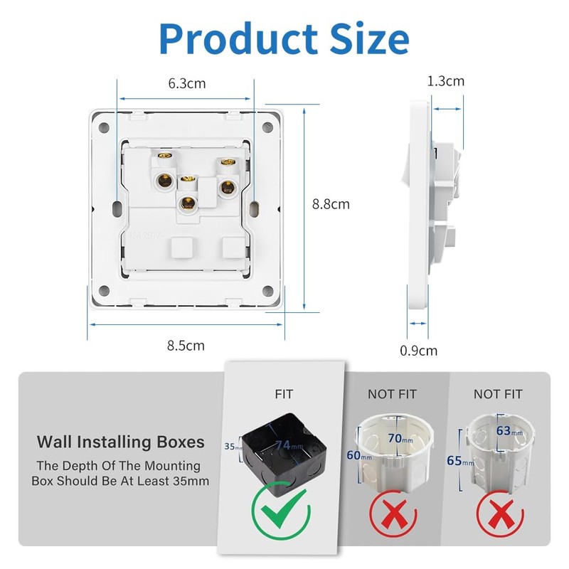 Plug Sockets Single Switched, EINNO Wall Electrical Outlets with Power