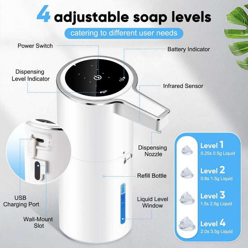 Automatic Liquid Soap Dispenser,400ML Touchless Electric Hand Soap Dispenser,USB-C 1800mAh