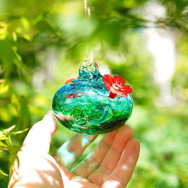 Pack 2 Blown Glass Hummingbird Feeders for Outdoors 3inch Small