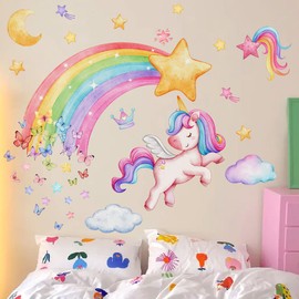 Rainbow Unicorn Wall Stickers Butterfly Clouds Stars Nursery Wall Decals Peel and Stick Wall Art for Girls Bedroom Living Room Baby Nursery Kids Room Wall Decor