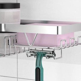 KEGII Shower Caddy, Rustproof Shower Shelf with Soap Holder & 14 Hooks, No Drilling Bathroom Rack Storage, Stainless Steel Organizer for Bathroom