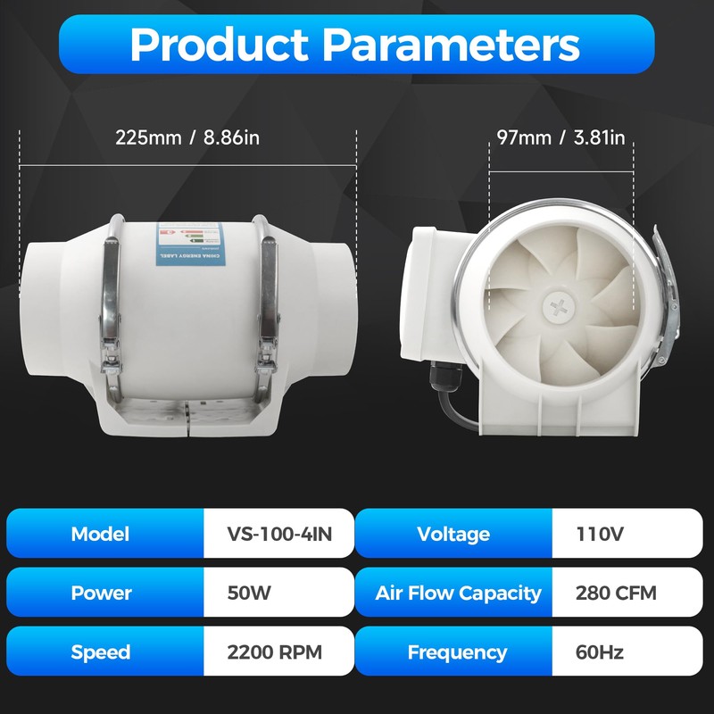 Voltset 4 Inch Duct Fan, Inline Ventilation Exhaust Fan, 280
