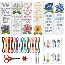 ORIGACH 6 Set Cross Stitch Bookmark Kit for Beginner Flower and Bible Verse Pattern DIY Stamped Embroidery Bookmark Kit with 19 Colors Embroidery Floss Instructions 8''x2.4''