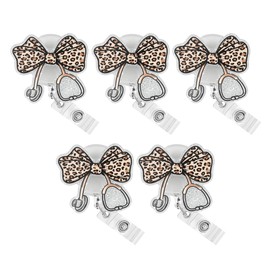 5Pcs Leopard Bow Nurse Badge Reel Retractable Clip Cute Nursing Student RN LPN CNA Medical Badge Reels for Nurse Gifts Nursing Badge Holder for Work Office Alligator Clip Badge Accessories