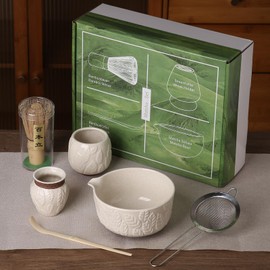 relief craftsmanship Matcha Set, Japanese Tea Set, Matcha Bowl with Spout, teacup, Matcha Whisk and Holder, Bamboo matcha Scoop and Stainless Sifter - 6 Pcs Kit, for Matcha Lover (beige)