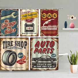 Antique Cars Shower Curtain 1950s License Plate Garage Poster Retro Country American Repair Vintage Nostalgic Letter Bathroom Decor Curtains Accessories Polyester Burgundy Red Fabric 70 X 70 Inch