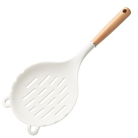 キッチンツール 調理器具 高温耐性シリコン 木製ハンドル 抗菌 大穴ザル 漏れやすいスプーン フォーク オシャレ 新居祝い プレゼント （ホワイト）