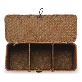 DOKOT Seagrass Woven Storage Basket with Lid, Rectangular Narrow Tampon Toilet Tank Organizer