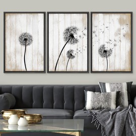 SIGNWIN 3 Piece Framed Canvas Wall Art Dandelion on Wood Background Canvas Prints Home Artwork Decoration for Living Room,Bedroom - 24"x36"x3 Black