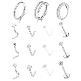 15Pcs Nose Rings Studs Set: 18G Gold Silver Nose Rings Hoops Helix Conch Nostril Cartilage 20G Corkscrew/L Shape Nose Studs, Threadless Labret, Clear Plastic Surgery Retainers, 316L Surgical Steel Hypoallergenic Body Jewelry for Women Men