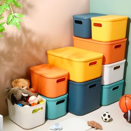Menkxi 15 Pcs 3 Sizes Plastic Storage Bins with Lid Storage Containers Plastic Box with Lid and Handle Cabinet Bins for Organizing Mixed Colorful Stackable Cubby Storage Baskets for Kitchen Shelves