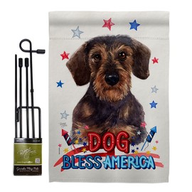 Breeze Decor Patriotic Miniature Dachshund Garden Flag Set with Stand Animals Dog Puppy Spoiled Paw Canine Fur Pet Nature Farm Animal Creature Small Gift Yard House Banner Made in USA 13 X 18.5
