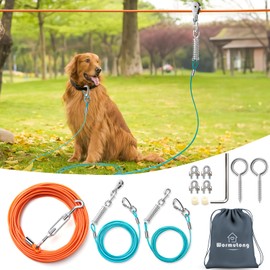 Upgraded Heavy Duty Dog Trolley System - 75ft with 10ft & 15ft Tie Out Cable, Outdoor Lead for Large Dogs Up to 250lbs, Long Leash Cable for Outside Camping, Backyard, Park