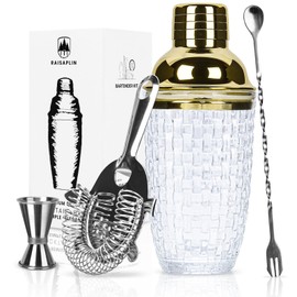 4 Pcs Cocktail Set Mixing Tools for Drinks, Raisaplin Stainless Steel Mixologist Mini Home Bar Bartender Set - Glass Shaker, Tight Spring Bar Strainer, 10" Cocktail Spoon, Double Jigger - Gold