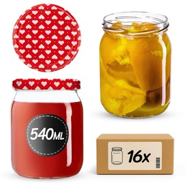 KADAX Jam Jars 540 ml, Preserving Jars with Screw Lids, Jars with Screw Cap, Preserving Jars, Storage Jars for Pickling Cucumbers (Pack of 16, Heart)