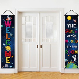 Tiamon 2 Pcs Space Classroom Decorations Welcome School Door Banner Space Motivational Porch Sign Classroom Welcome Back Hanging Banner for School Home Indoor Outdoor Decor