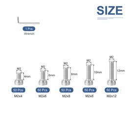DTGN 250Pcs M2 Metric Screw Assortment, M2 Bolts Socket Head Screws, 304 Stainless Steel M2x4/6/8/10/12mm Hex Socket Head Cap Screws Bolt Set With Wrench for 3D Printing DIY