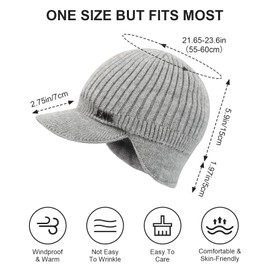 Mayoii Winter Beanie Hat with Visor for Men, Stretchy Knit Cap with Ear Flaps, Warmth Men's Winter Brim Skull Cap for Outdoor Activities(Grey)