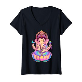 Womens Hindu Ganesha Puja Elephant God India Meditation Yoga Murti V-Neck T-Shirt