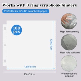 100 Pack 12" x 12" Photo Album Pages for 3 Ring Binder, Scrapbook Page Protectors, Craft Paper Protective Sleeves Photo Vinyl Storage Pockets Organizer Scrapbook Binder Album Supplies Refill Pages
