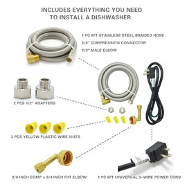 TT FLEX Universal Dishwasher Installation Kit,6 Ft Stainless Steel Dishwasher Hose,Burst Proof Water Supply Line with 3/8" Compression Connections