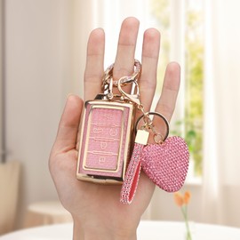 Vicoca for Jeep Key fob Cover with Diamond Heart Keychain, Car Accessories TPU for 2021-2024 Jeep Grand Cherokee L Grand Wagoneer L Wagoneer Grand Cherokee L, Gold Pink