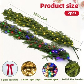 2 Pcs 6FT Christmas Norfolk Pine Garlands, Real Touch Pine Garland, Artificial Greenery Garland for Christmas Table Wall Fireplace Mantle Indoor Outdoor Decoration (Without AA)