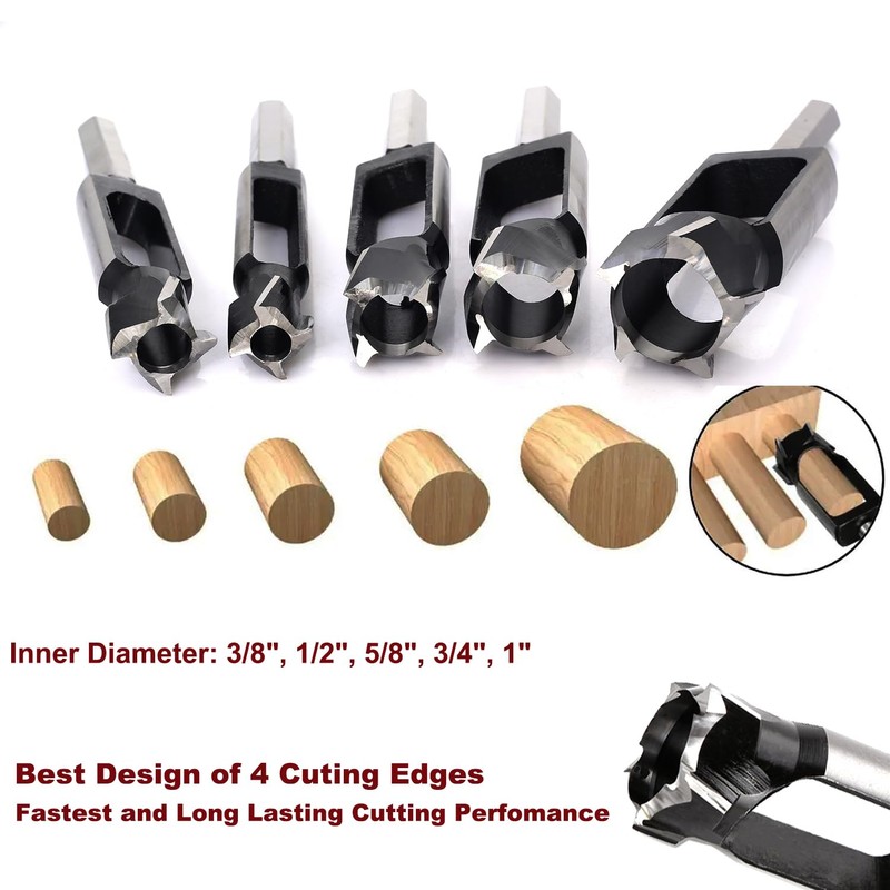 SICWOOD 5PCS Wood Plug Cutters Set, Wood Tenon Maker Dowel