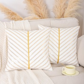 LUOYEHK White Velvet Throw Pillow Covers 18x18 Set of 2 with Gold Leather and Sequin Decorative Cushion Covers Luxury Modern Pillowcases for Couch Sofa Bed Living Room