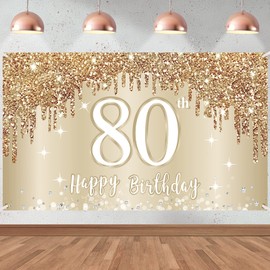 Happy 80th Birthday Banner Backdrop Decorations for Women, Gold White 80 Birthday Sign Party Supplies, Eighty Year Old Birthday Photo Booth Background Poster(72.8 x 43.3 Inch)