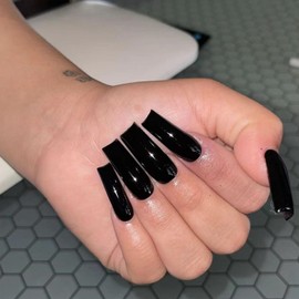 Tyuimhx Black Press on Nails Square Long Fake Nails Glossy Solid Color False Nails Black Full Cover Stick on Nails Acrylic Artificial Nails Glue on Nails for Women Girls Nail Art Decorations 24Pcs
