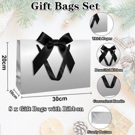 Gift Bags Set, Silver Gift Bags with Ribbon Gift Bags with Handles Silver Gift Bags with Black Ribbon 8pcs 30x20x10cm Gift Bags for Christmas Birthday Wedding Anniversary