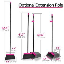 JEHONN Broom with Dustpan Combo Set, Long Handle Lightweight Indoor Broom Set, Upright Standing Dust Pan with Comb Teeth Store Sweep Set for Home Room Kitchen Office Lobby (Rose Red)