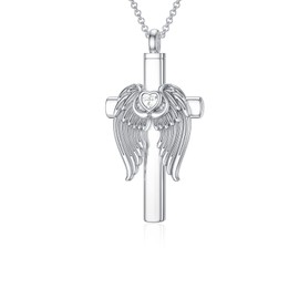 MEIDERBO Cross Angel Wing Urn Necklace for Ashes 925 Sterling Silver Cross Necklaces Cremation Pendant Memorial Keepsake Jewelry Angel Wings Necklace Gifts for Women Men Her