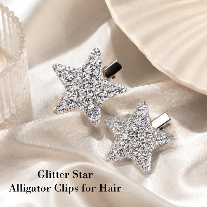 4Pcs Silver Glitter Star Hair Clips for Women Girls Y2K