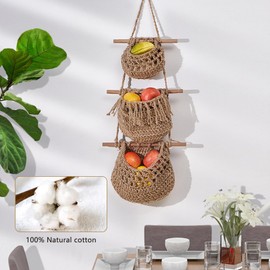 YCBTREE Over the Door Hanging Basket,3 Tier Wall Hanging Storage Organizer Woven Cotton Rope Storage Basket Boho Wall Hanging Decor for Bedroom Bathroom Kitchen Living Room (Brown)