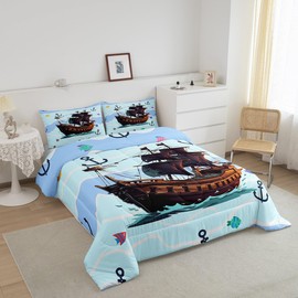 Pirate Ship Full Size Comforter Set Anchor Printed Bedding Set for Kids Adults Teens Cute Fish Comforter Luxury Nautical Theme Quilt Set Room Decor 3Pcs
